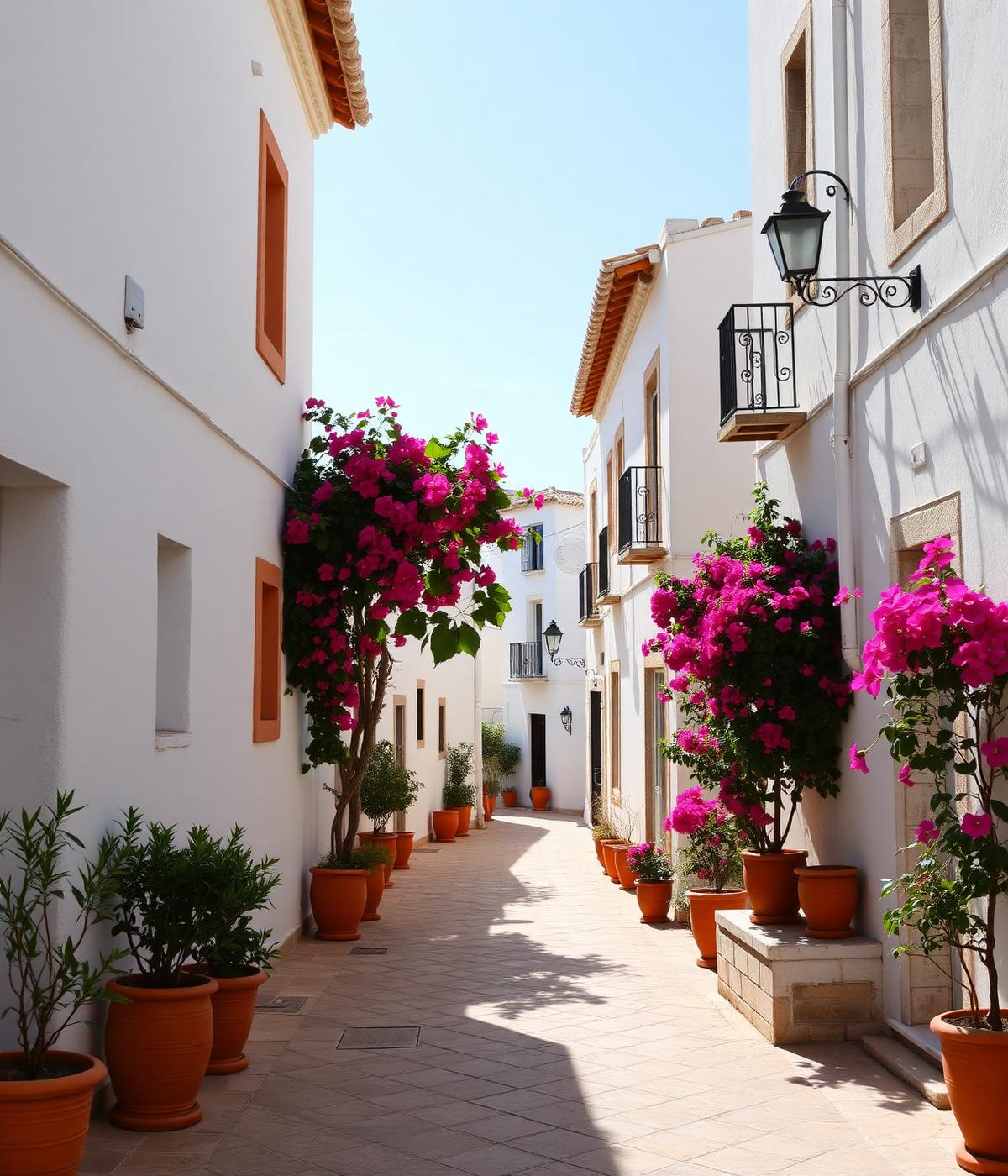 Quiet whitewashed street in a Mediterranean coastal town