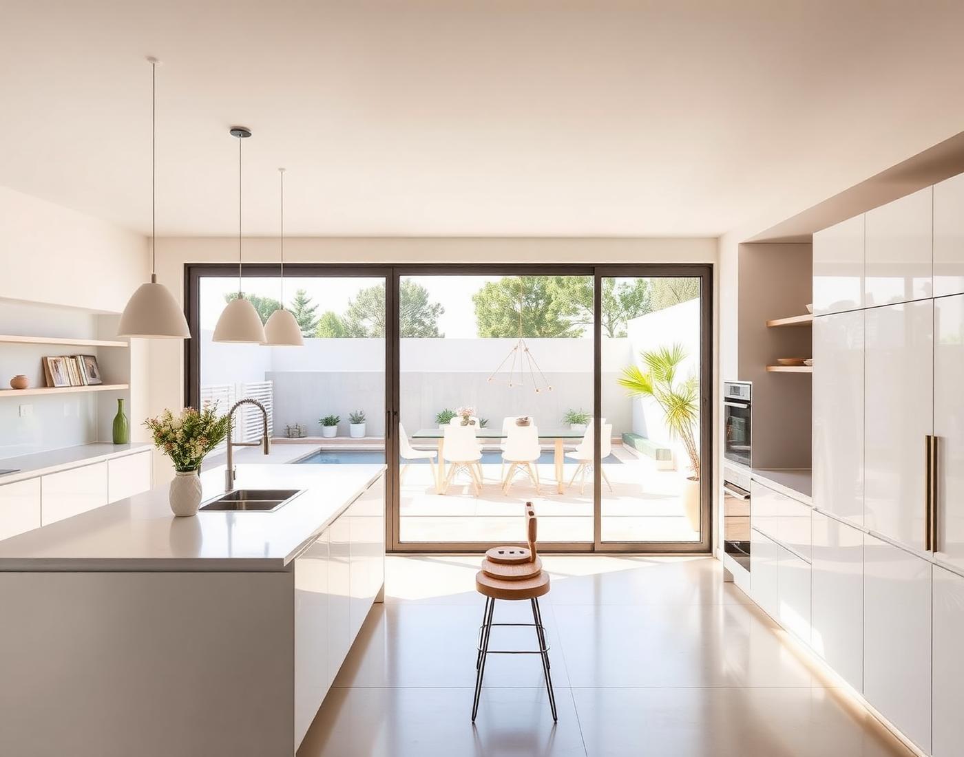 Bright new build interior opening onto a terrace and pool